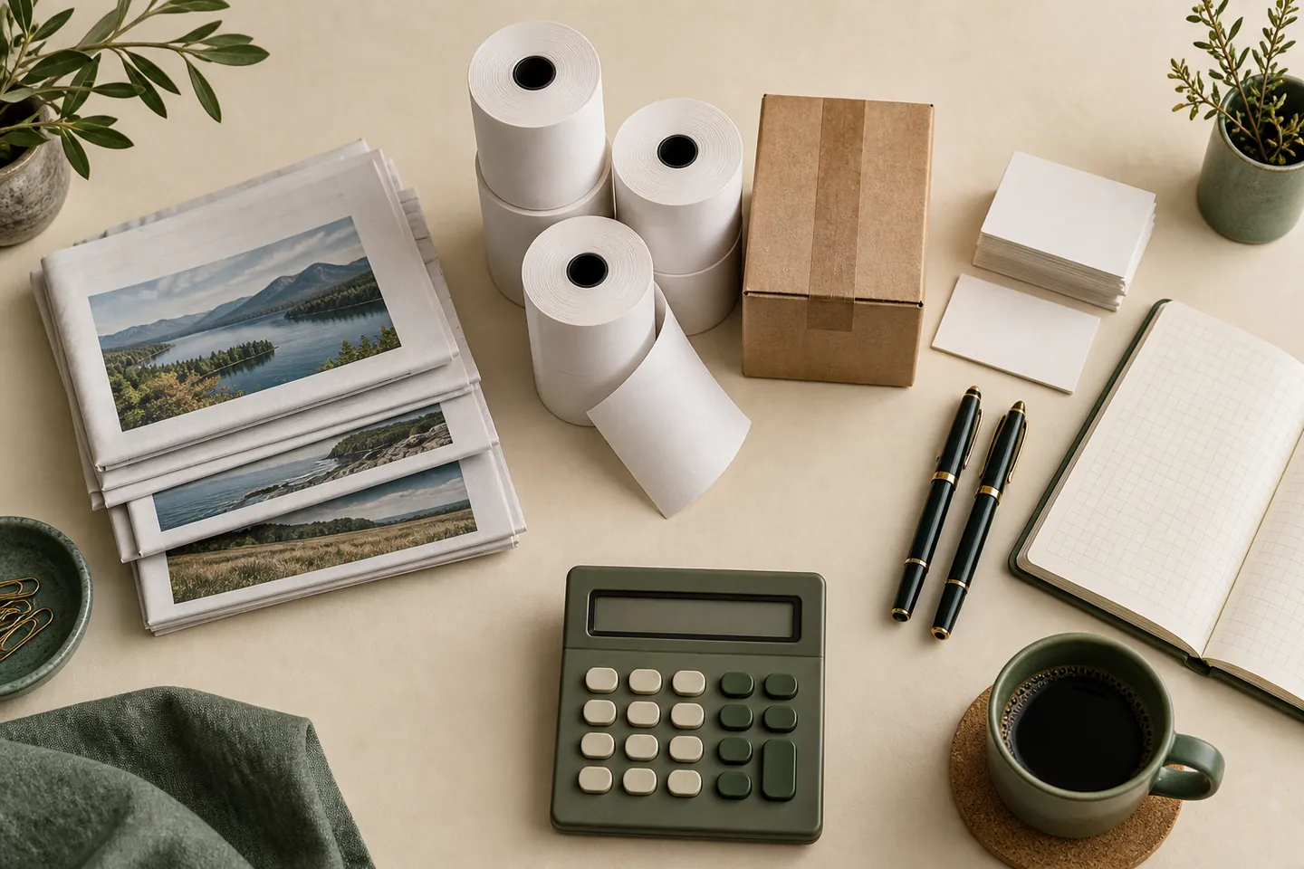 Separate piles of newsletters, receipt paper and contact cards on a cream tabletop.