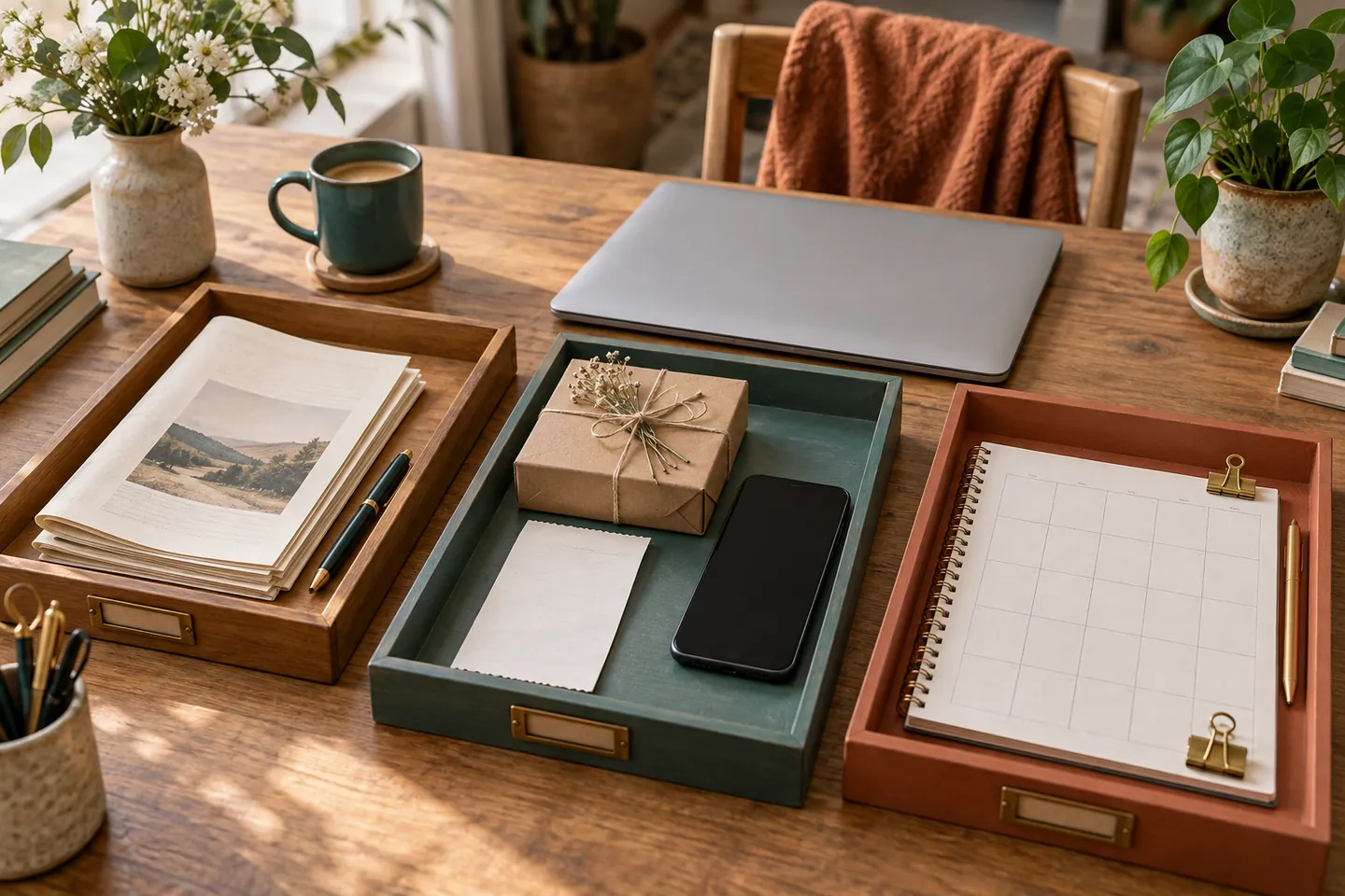 Three desk trays hold a newsletter, a parcel and receipt, and an appointment planner.
