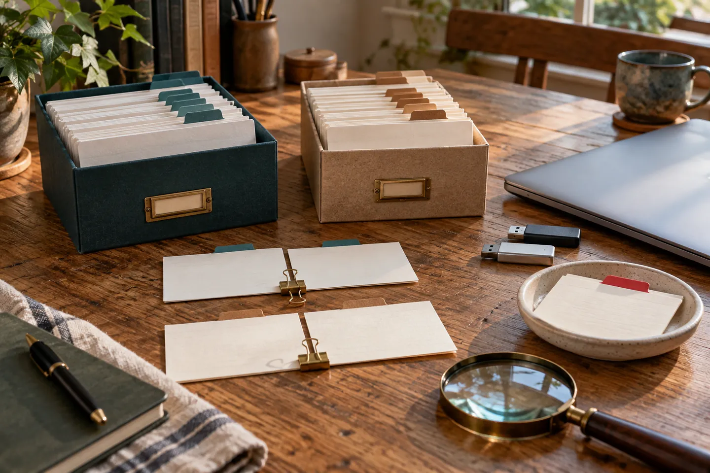 Contact cards are paired between two archive boxes, with a red-tabbed card kept separate.