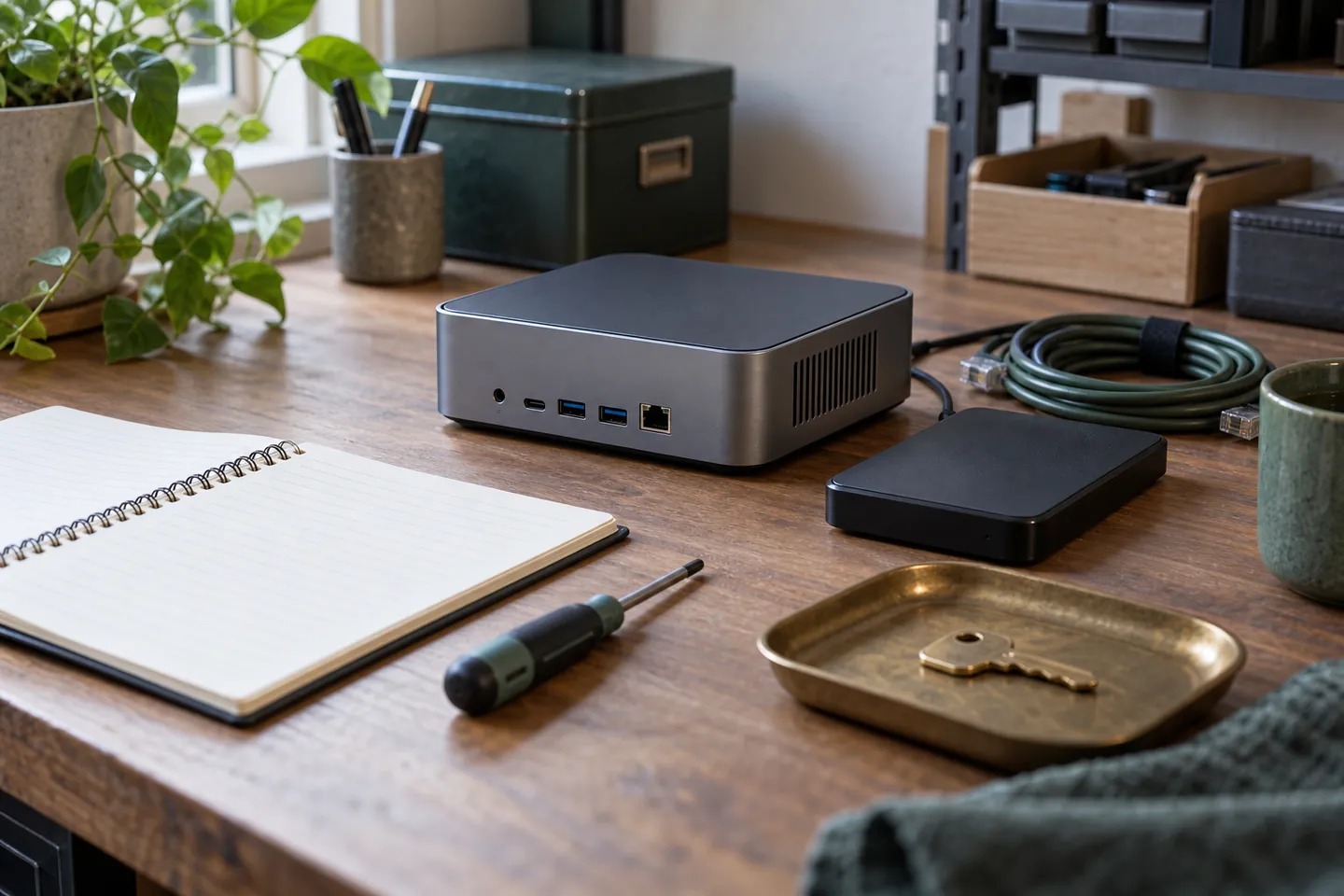 Compact computer, backup drive and maintenance notebook on a neatly organized technical workbench
