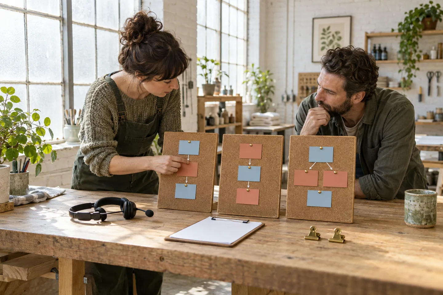 Small service team comparing three blank booking-route boards in a bright workshop
