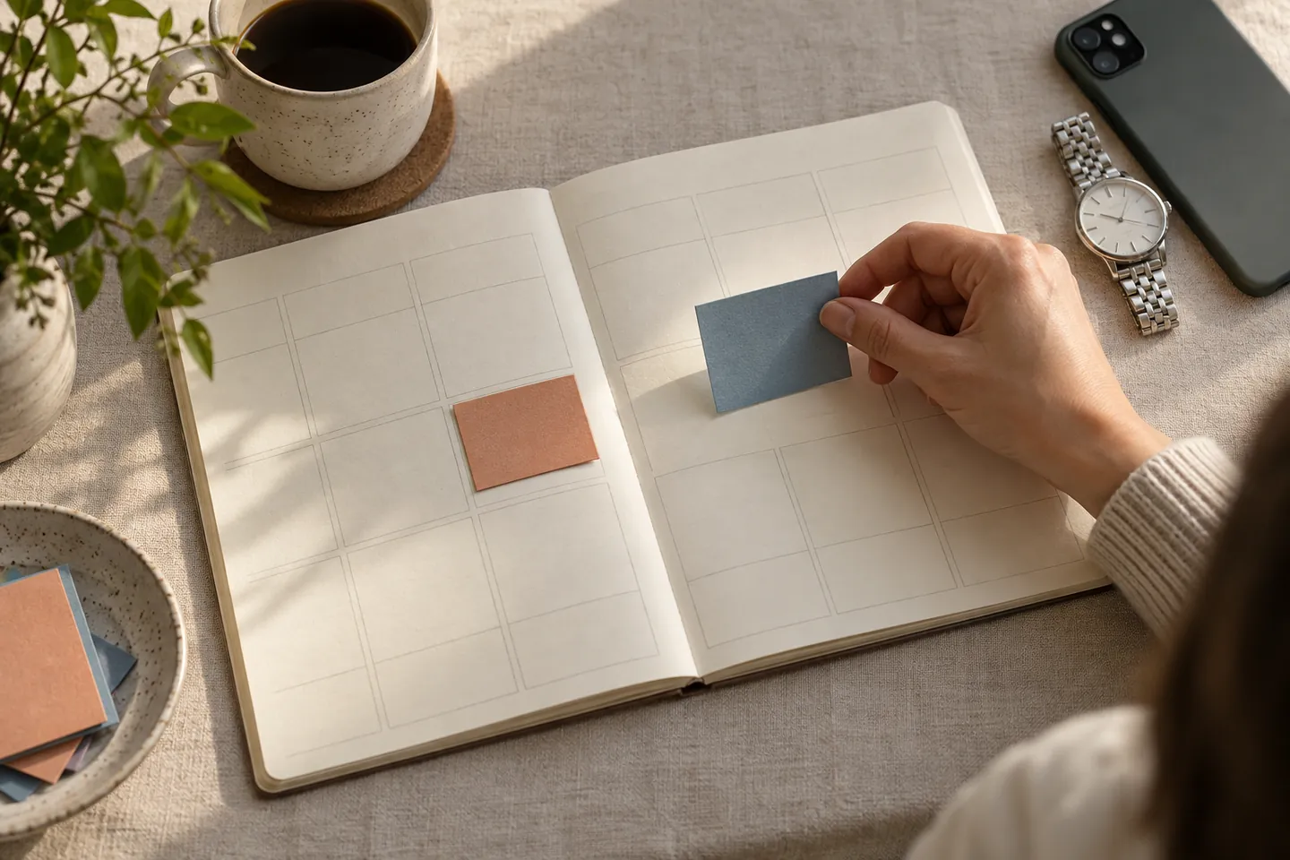 Hand moving a blue appointment card between spaces in an open paper planner