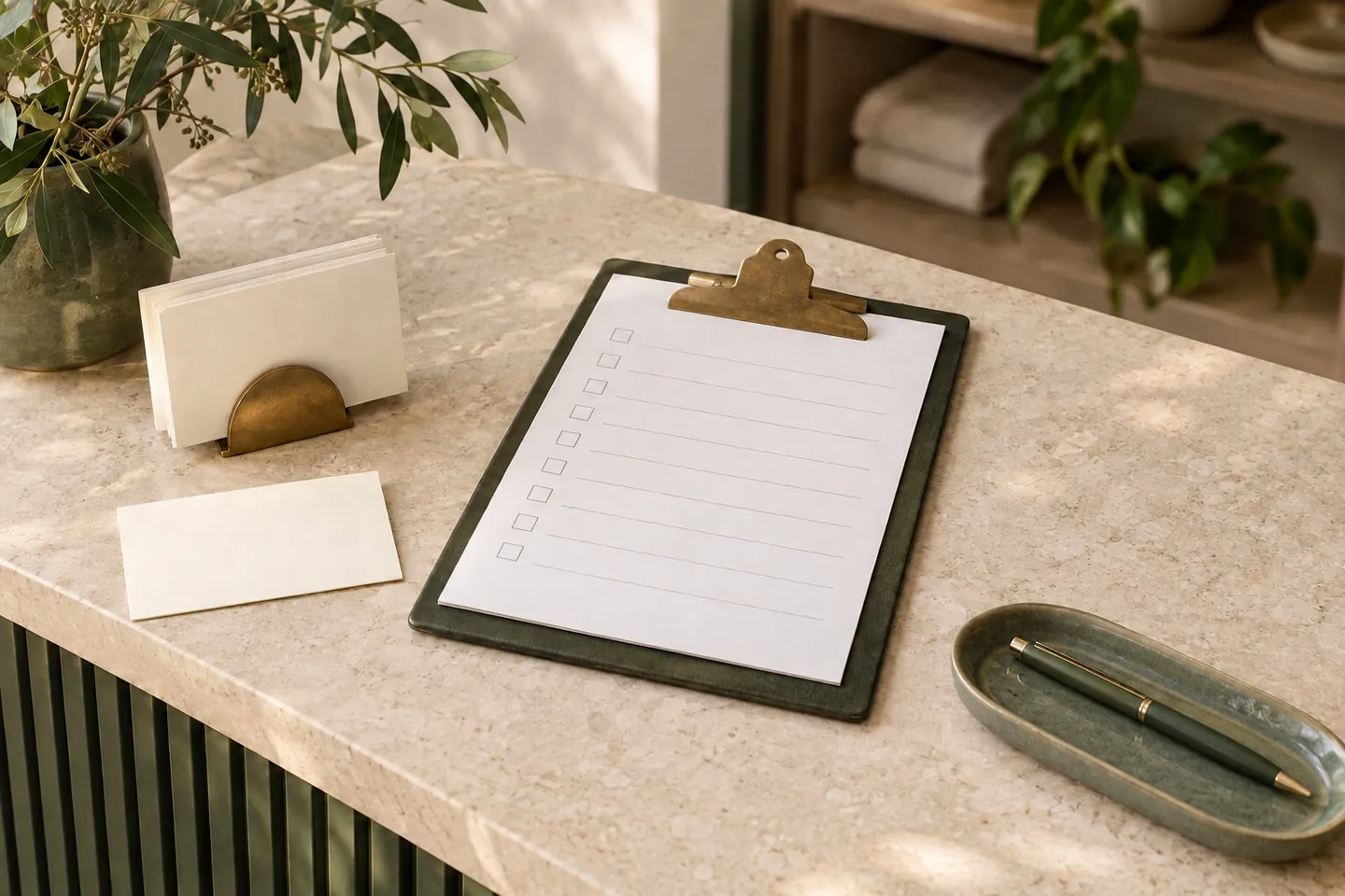 Blank appointment cards, an intake clipboard and a pen tray arranged on a service desk