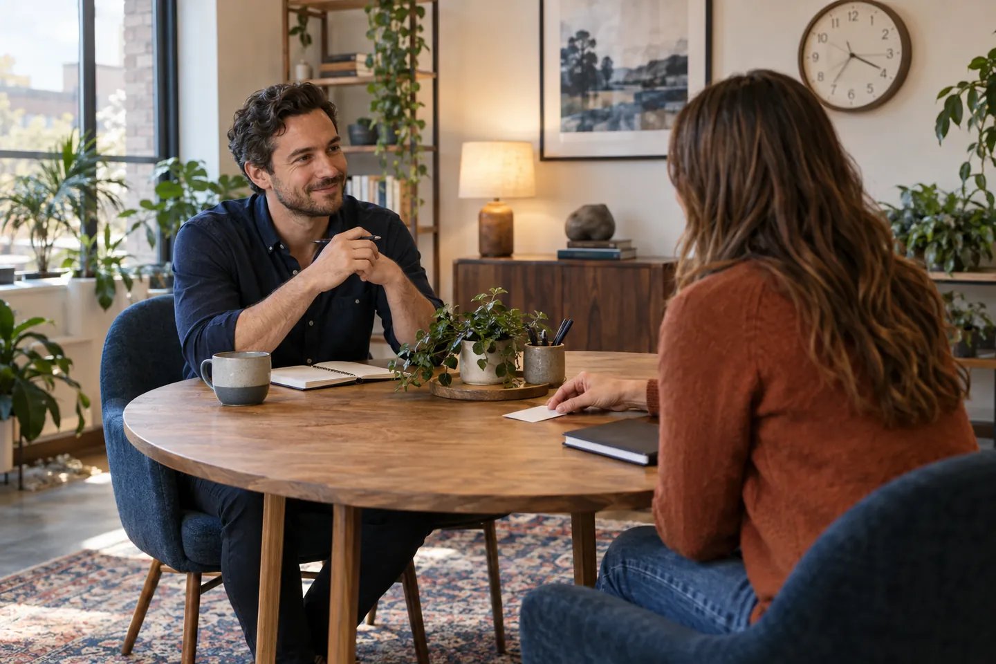 Consultant and client preparing for an appointment at a round table in a sunlit studio