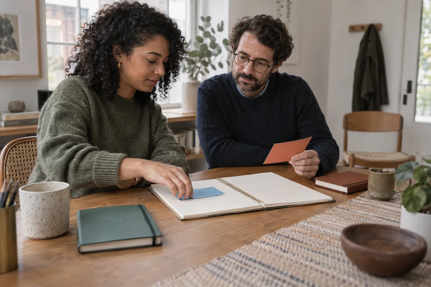 Two consultants comparing blank appointment cards beside a shared paper planner