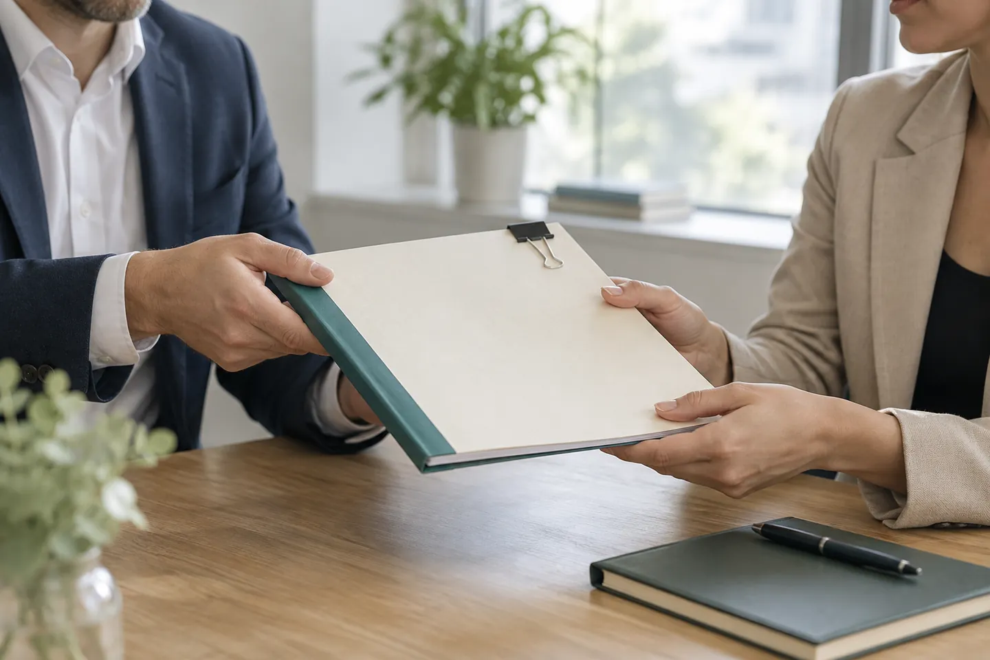 Two colleagues passing a clipped project folder across a meeting table.