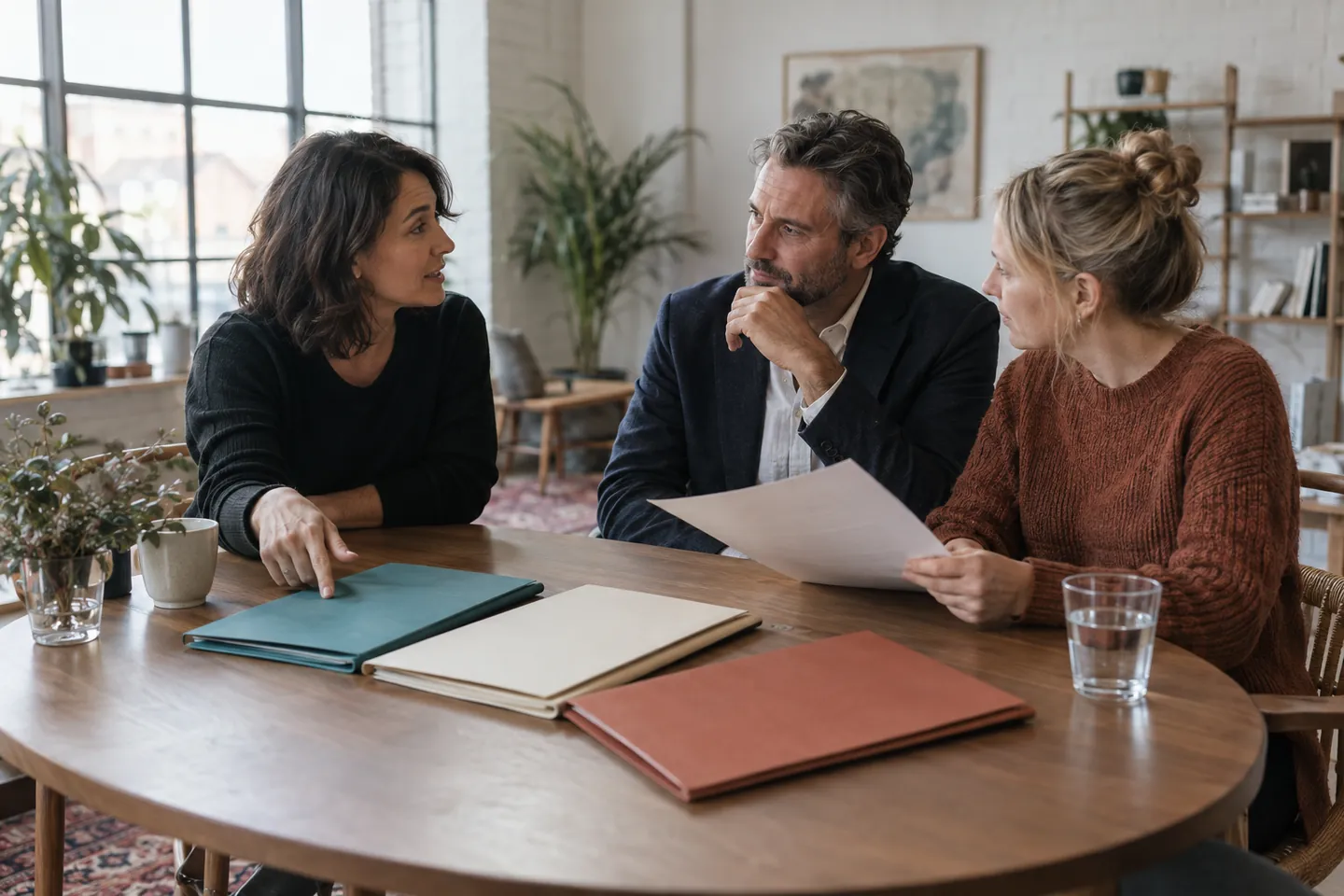 Consultant and two colleagues reviewing separate project folders around a meeting table.