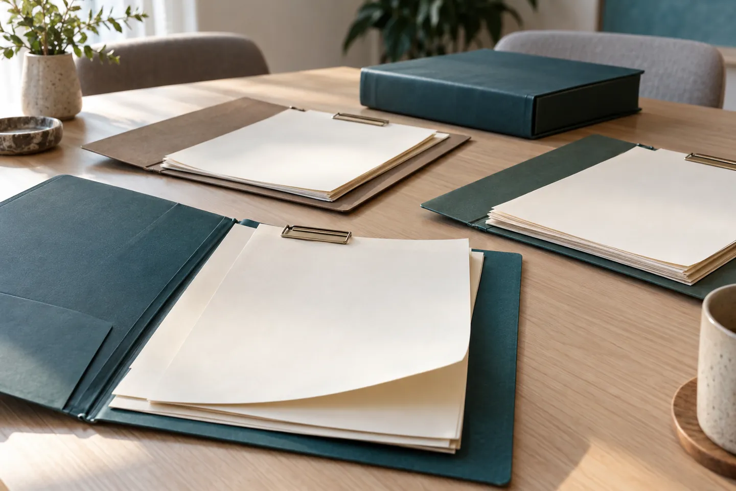 Three separate proposal folders with paper revisions clipped inside each one.