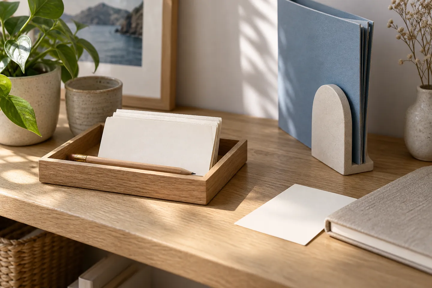 A small daily task tray beside a separate folder kept upright for later review.