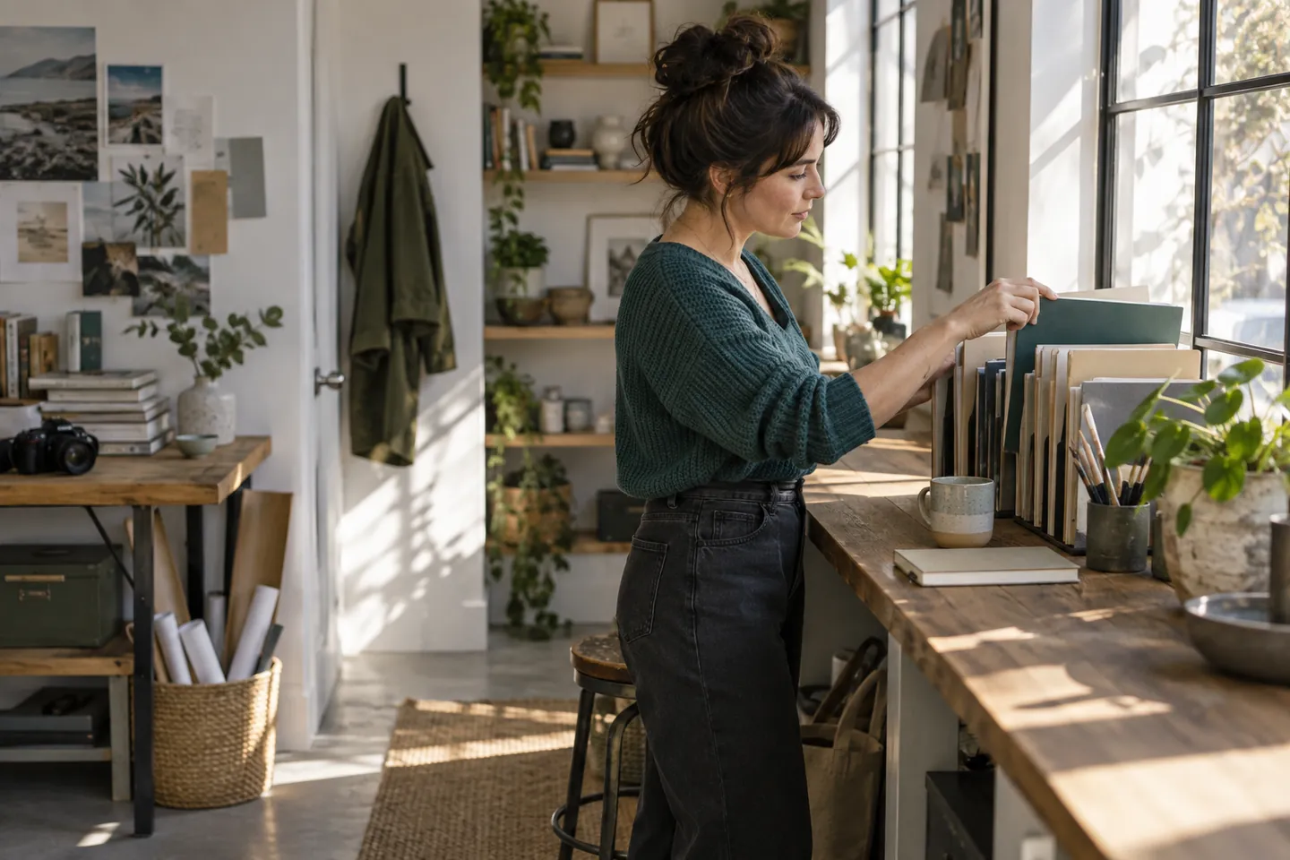 Independent business owner reviewing a small set of client folders beside a studio window.