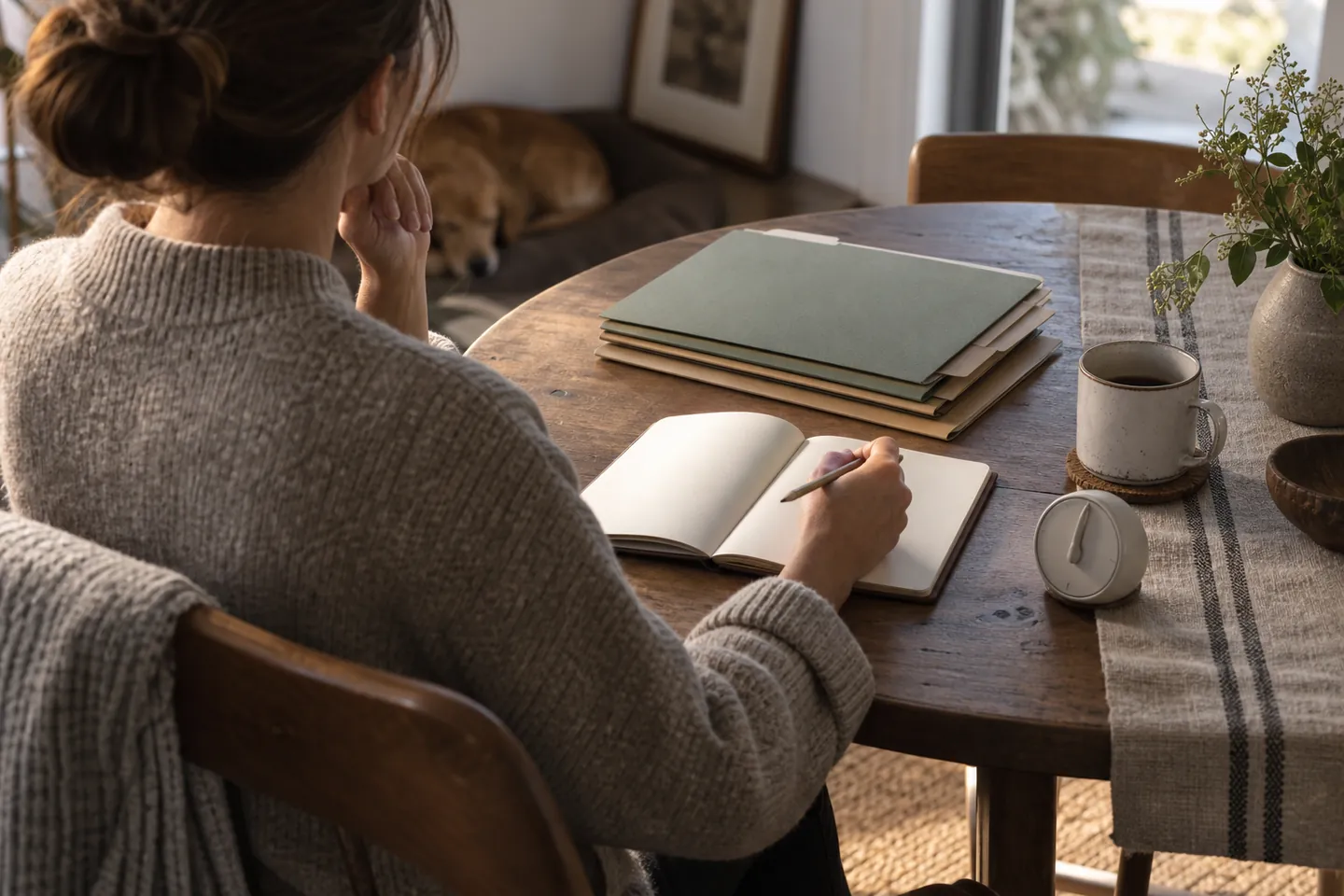 Business owner reflecting over a notebook, weekly work folders, and a small analog timer.