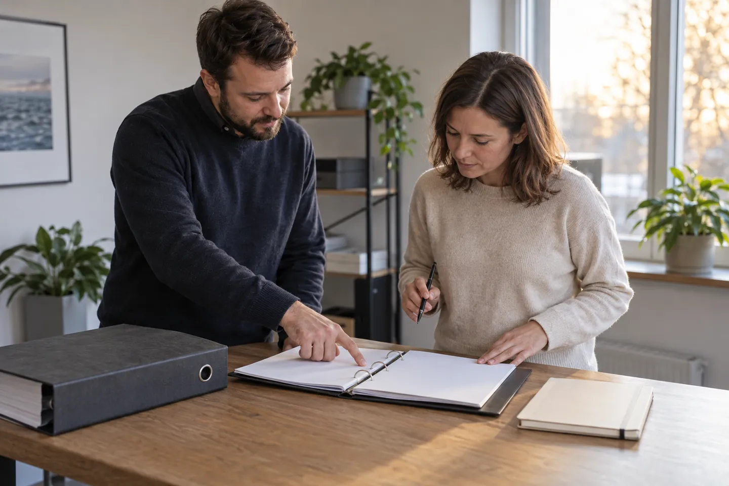 Colleagues reviewing a final handover folder beside closed source records and a separate change notebook.