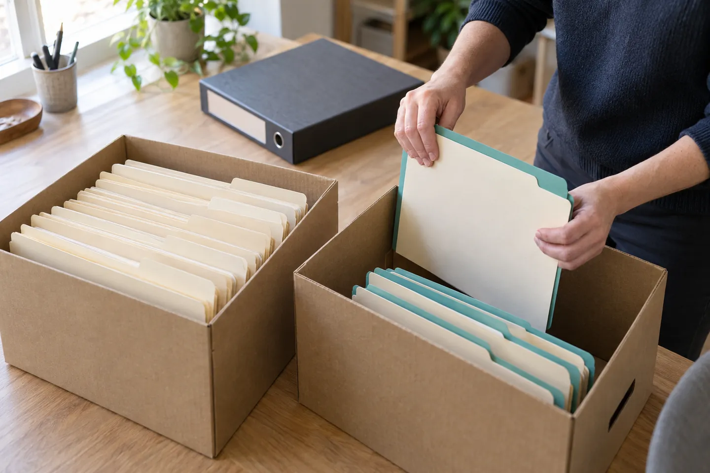 Two open archive boxes and organized record folders being prepared for a controlled transfer.
