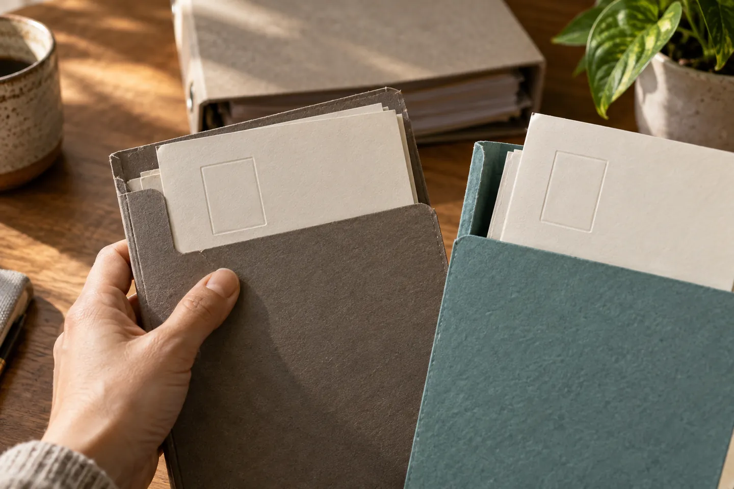 Two similar plain contact cards preserved in separate company folders during a records review.