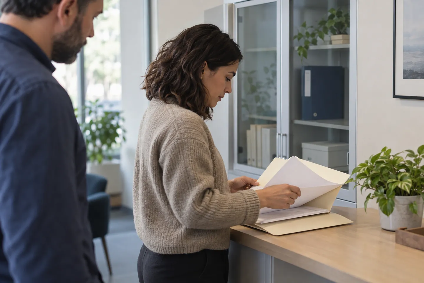 Colleague reviewing an open project folder while another folder remains closed in a separate cabinet.