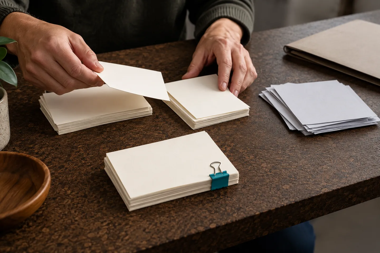 Hands separating requirement cards into a small priority stack and a larger set of other considerations.