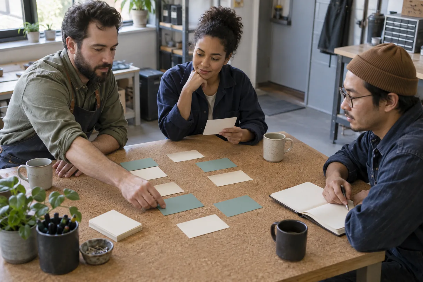 Three teammates arranging blank requirement cards during a small working session.