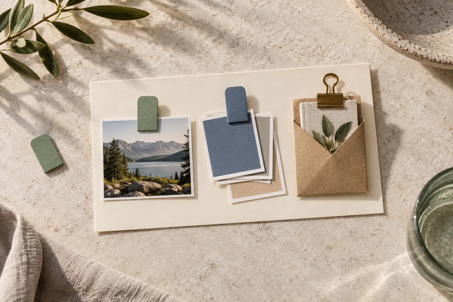 Separate photo, color-swatch and booklet attachments on one card, with a loose green tab beside it.