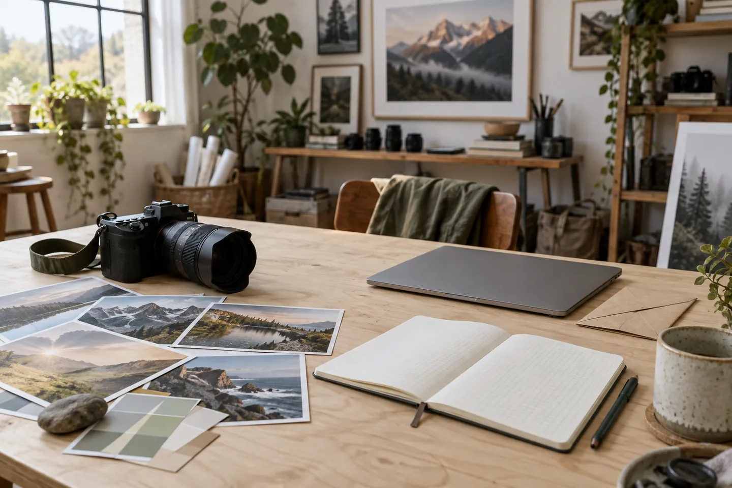 A camera, landscape prints and a session-planning notebook arranged in a sunlit photography studio.