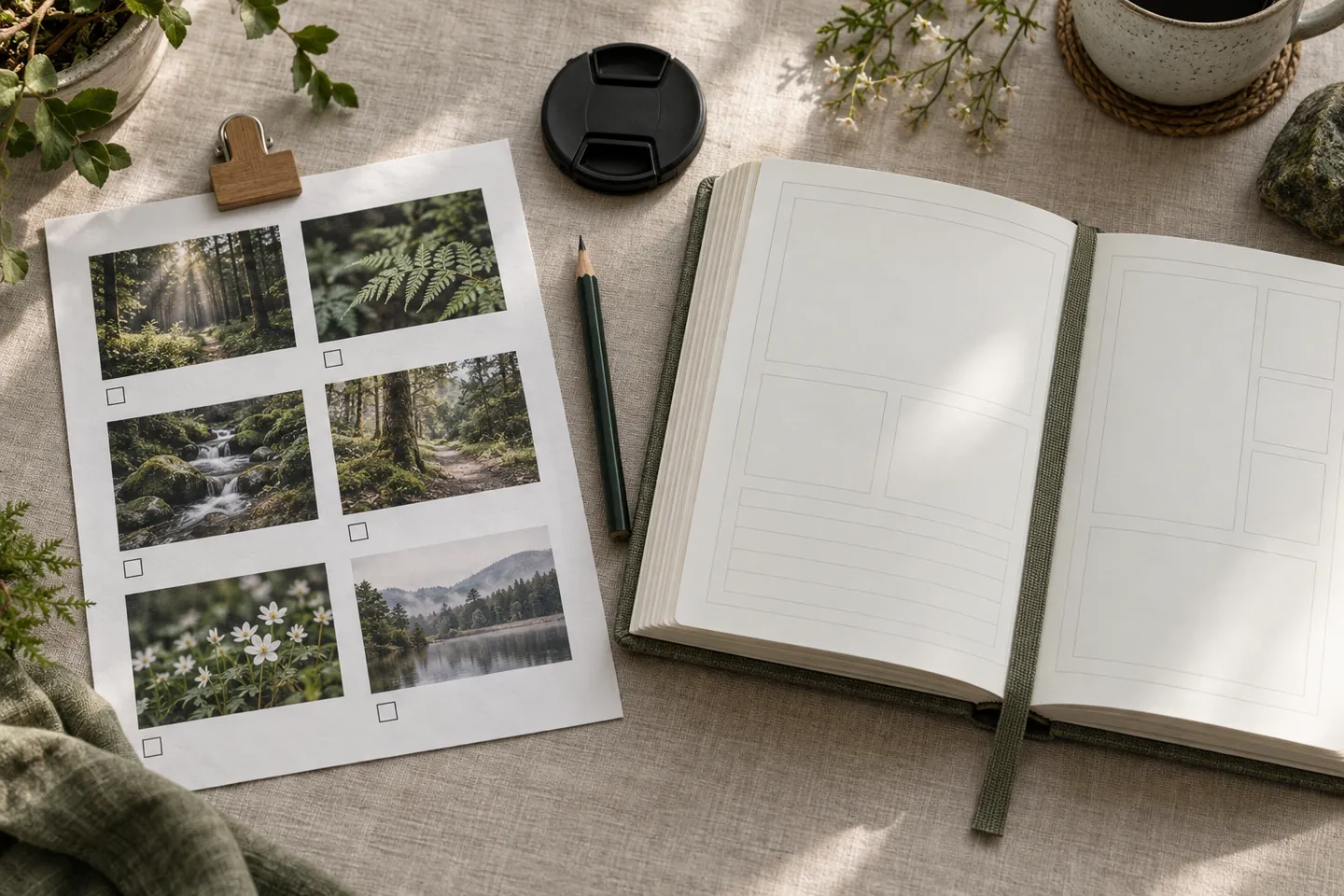 A loose photographic checklist sits beside a bound planning booklet on pale linen.