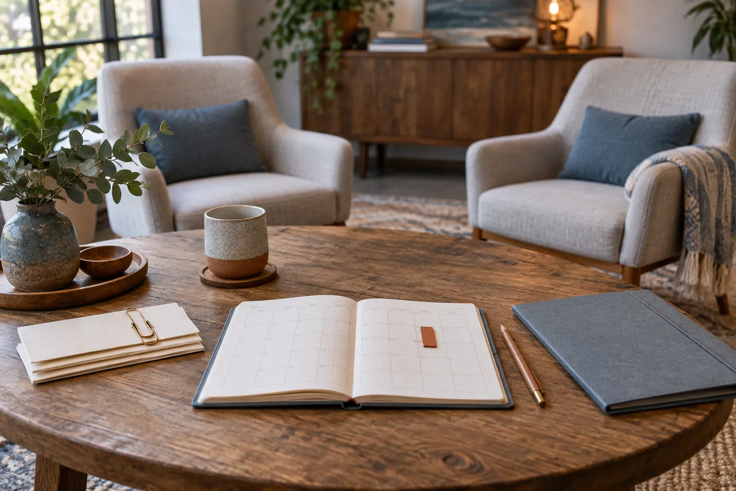 A marked appointment planner and clipped envelopes sit between two chairs prepared for a consultation.