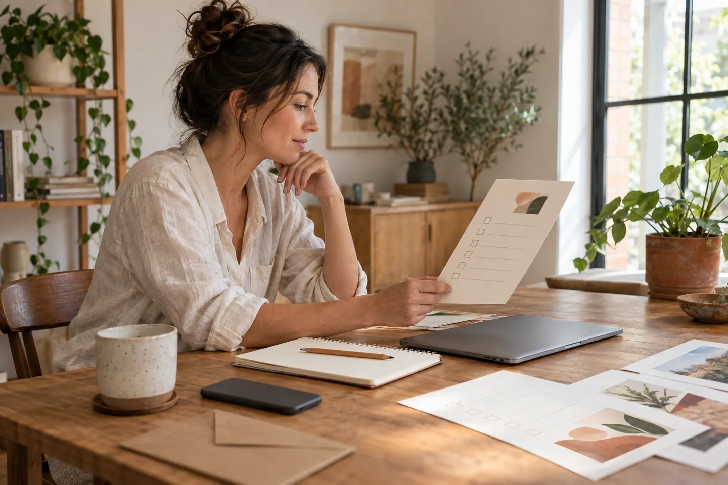 A consultant reviews a printed checklist beside a notebook and closed laptop in a bright studio.