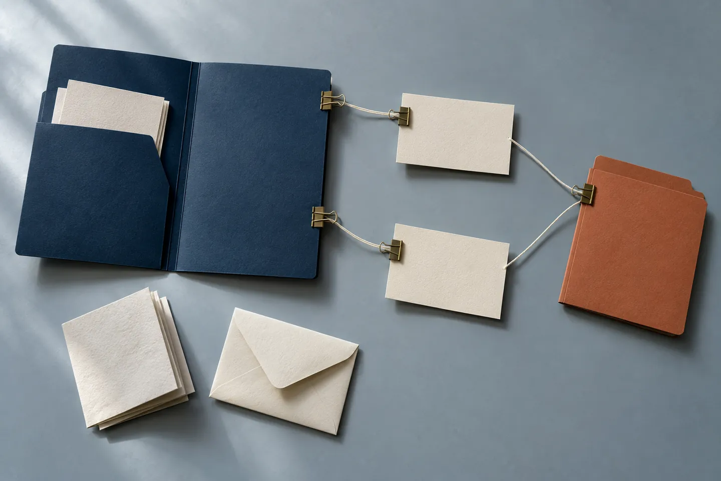 Customer folders, linked cards and retained notes arranged as a physical record mapping exercise
