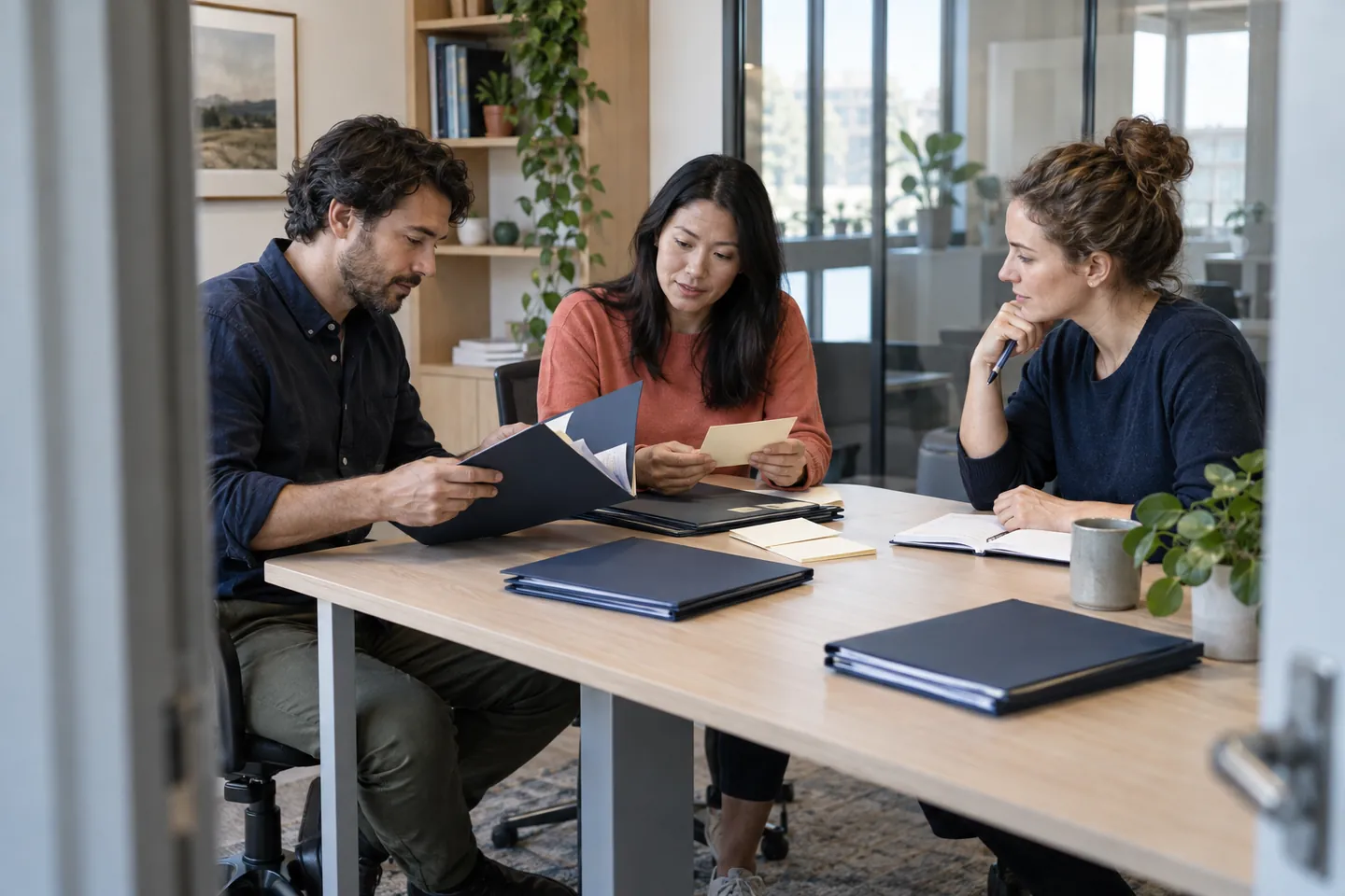 Three colleagues reviewing customer folders and follow-up cards around a shared table
