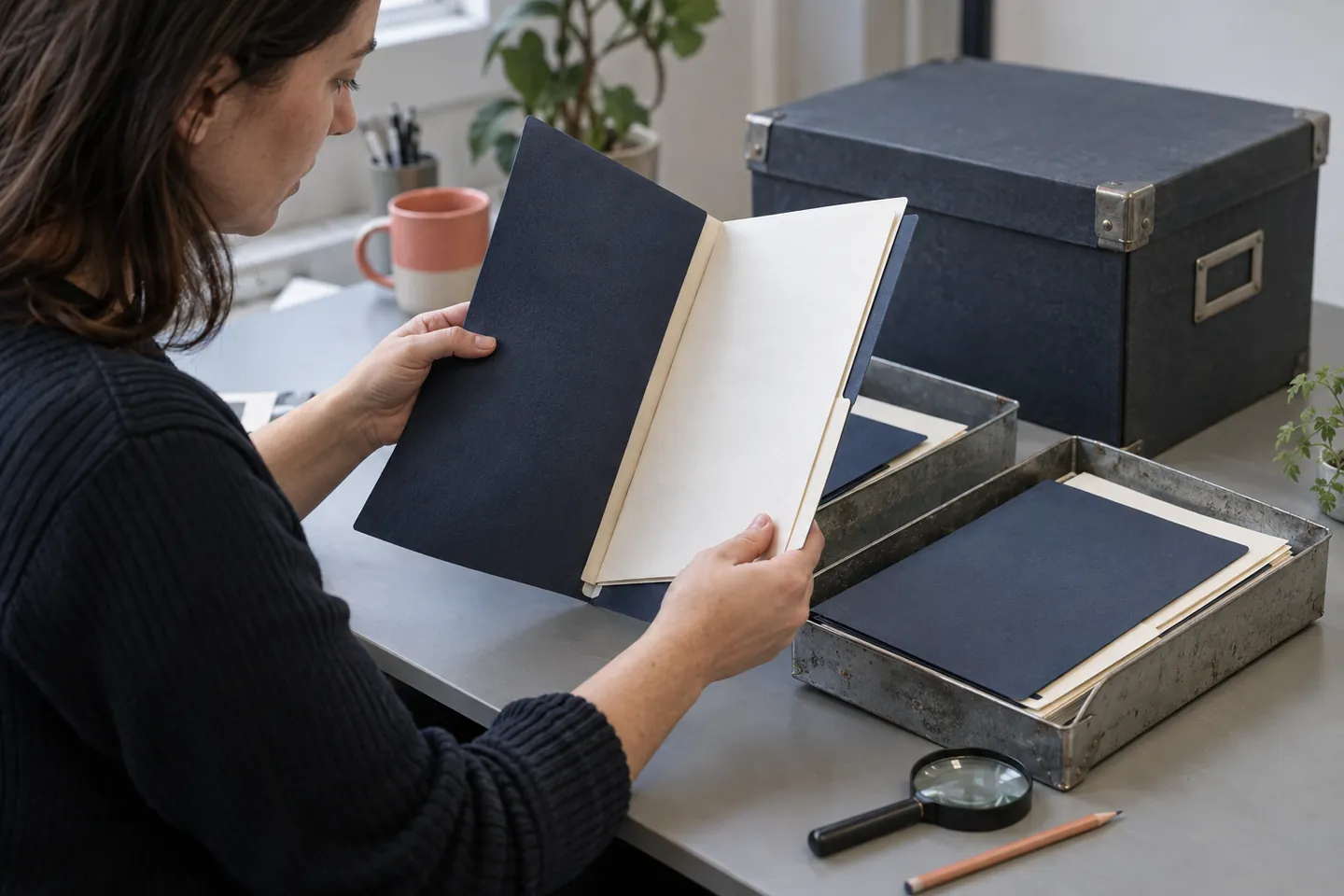 Colleague comparing a small set of matching client folders in two trays before a larger move