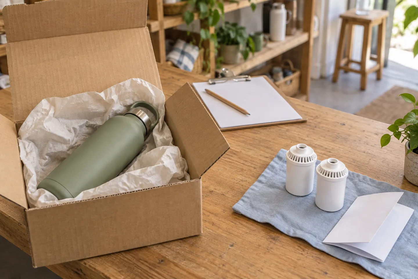 A bottle sits in an open return box while two replacement filters remain separate on a blue cloth.