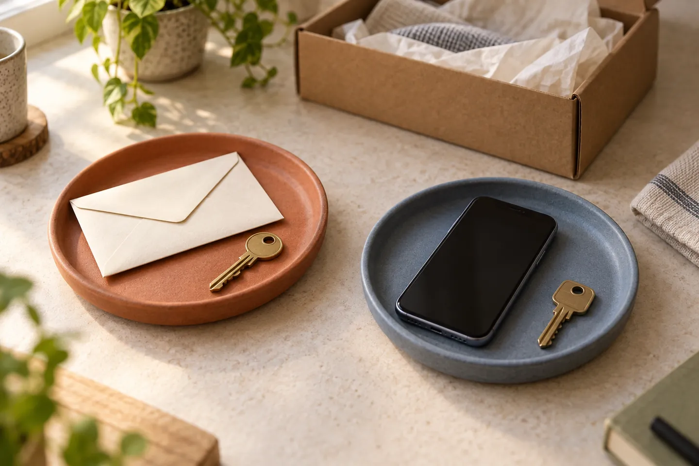 An envelope and a phone occupy separate ceramic trays, each with its own key.