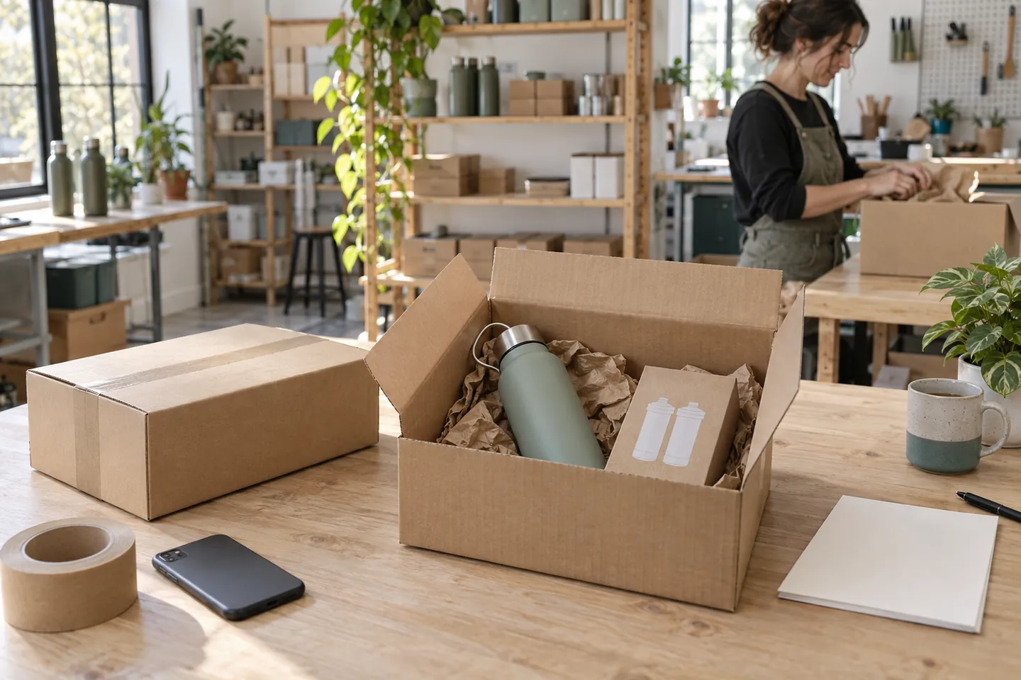 A reusable bottle and replacement filters are packed at a small online shop's shipping station.