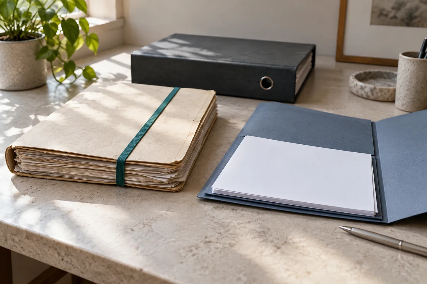 A closed completed project folder beside a separate newly opened folder for follow-on work.