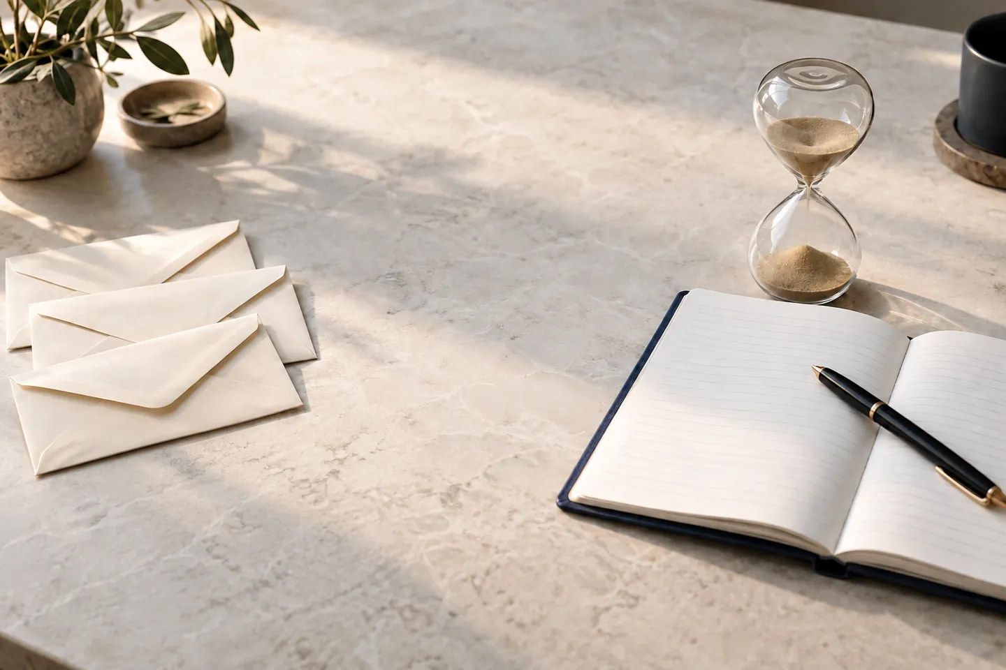 Payment envelopes and a separate notebook with an hourglass representing cash costs and staff time