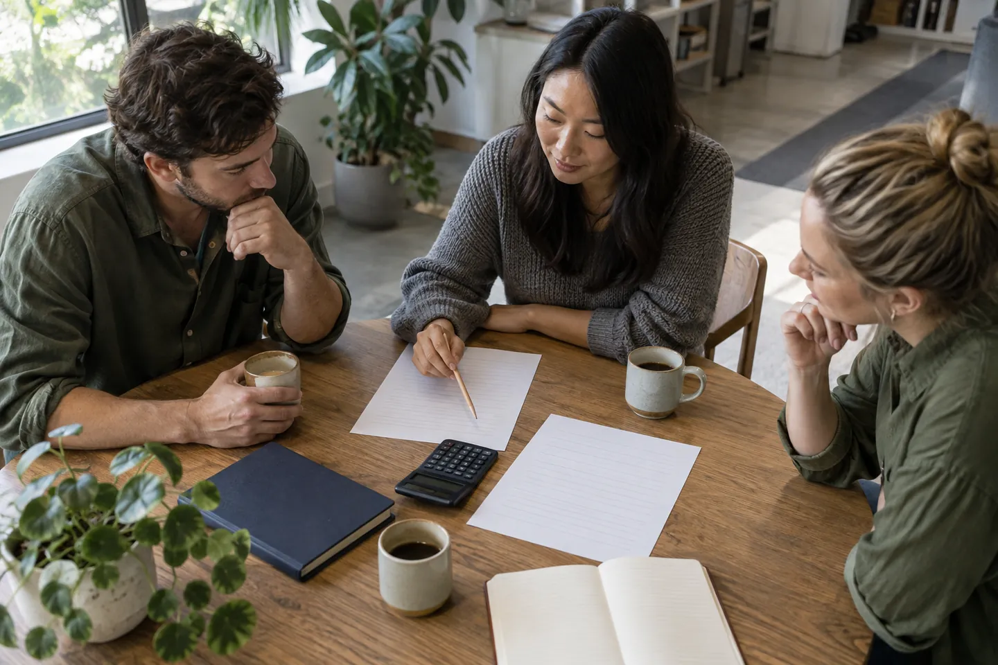 Small team reviewing a software purchase with a calculator, notebooks and paper quotes at a shared table