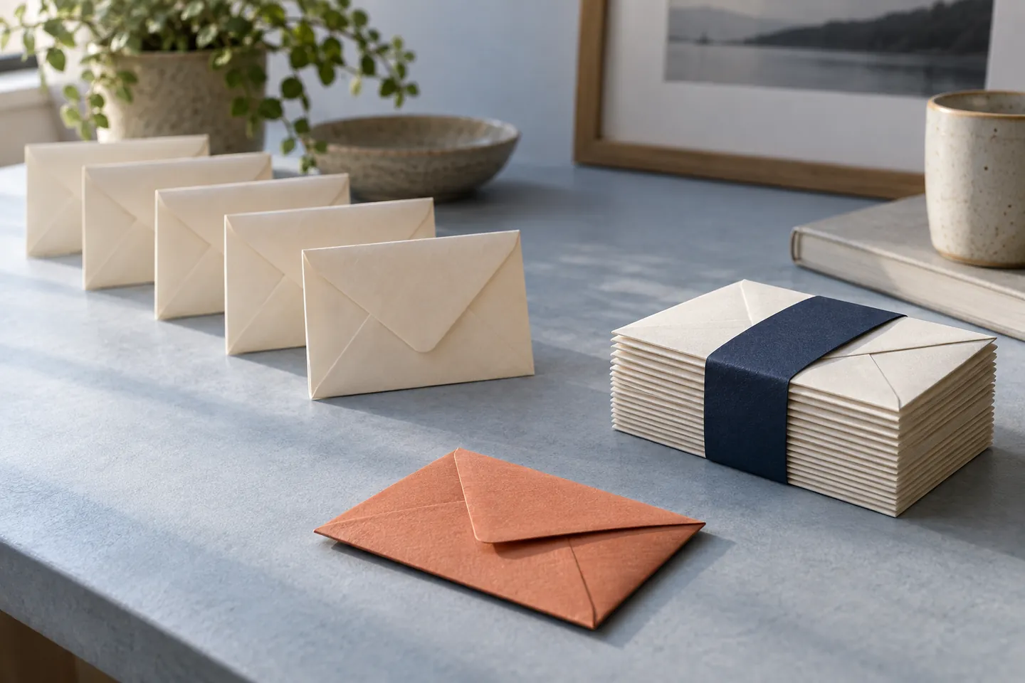 Individual envelopes arranged along a table beside a bundled stack, illustrating different payment schedules